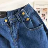 Moda jeans outono mulheres inverno coreano estilo elástico de cintura solta papaga daddy calças botão mosca vintage jeans mulheres 210420