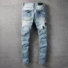 Fashion Desiger Long Slim Ripped Hole Jeans가있는 편지 고품질 씻은 파란색 Demin 바지 스트리트웨어 청바지