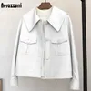 Nerazzurri Spring Short Light White Leather Jacket For Women Peter Pan Collar Long Sleeve Casual Leather Jackets For Women 210923