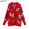 Women Vintage V Neck Animal Pattern Jacquard Cardigans Knitting Sweater Female Chic Long Sleeve Breasted Coats Tops S682 210416