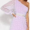 Femmes élégantes une épaule robe moulante femme taille haute manches bouffantes rose robe dames fermeture éclair robe de soirée pour l'été 210514