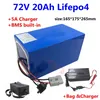 Batería de litio 72V 20Ah LiFepo4 para Citycoco Scooter skateboard motocicleta eléctrica + cargador 5A + bolsa