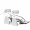 Chunky High 2024 Ladies Satin Leather Heel Sandals Solid Cross-tied Lace Up Peep-toe Square Toe Head Wedding Party Shoes Size 34-43 White 49