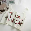 韓国風ローズ刺繍トリミングトップファッションノースリーブかぎ針編みニットタンクCamisas Mujer W845 210526