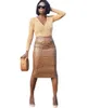 Skirts Back Split PU Leather Skirt Women Fashion Beading High Waist Midi Sexy Street Clubwear Pencil Slim Knee-length