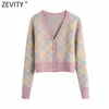 Kvinnor V Neck Geometrisk Utskrift Casual Short Stickning Sweater Femme Chic Diamond Knappar Cardigans Retro Coat Tops S603 210420