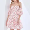 Sexy Flor Doce Impressão Camisole Design Mini Vestidos Mulheres Verão Ruffles Puff Manga Dress Elegante Moda Vestidos 210525