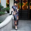 Etnisk Kläder Kvinna Tryck Blomma Cheongsam Satin High Split Evening Party Dress Gown Mandarin Collar Qipao Vintage Oversize 3XL 4XL Vesti