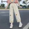 Japonês kawaii harajuku meninas adolescentes soltos bordado perna selvagem calça folga casual fêmea doce doce calças calças 210520