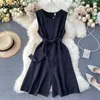 Neploe Tulumlar Kadın Moda O Boyun Kolsuz Bayanlar Playsuits Zarif Lace Up İnce Bel Geniş Bacak Beach Bodysuit 1E120 210423