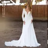 Simple White Wedding Dress A Line Satin Long Sleeves V Neck Bridal Gowns Backless Outdoor Bohemian Country Sexy Bride Dresses Marriage 2021