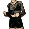 Rosetic Sexy Fishnet Tops Frauen Schwarz Sexy Gothic Mesh Aushöhlen Langarm Top Zerrissene Durchsichtig Sommer Damen Hemd 210406