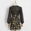Print Geometric Dress For Women V Neck Lantern Sleeve High Waist Vintage Dresses Female Fashion Clothing 210520