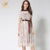 Европейская мода Летние взлетно-посадочные полосы платье женские старинные элегантные короткие рукава плиссированные сексуальные спинки кружевные платья 210520