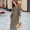 Lente bloem Print O-hals Midi Jurken Koreaanse elegante Mode Slanke Taille Lange Mouw Party Jurk Robe Femme Vestidos 210519