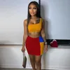 Jedno ramię Crop Tank Top Color Patchwork Mini Spódnica Dwuczęściowy Zestaw Clubwear Bodycon Sexy Party Stroje Dopasowane Zestawy Hot X0709