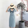 Lato Vintage Lady Peter Pan Collar Dress Elegant Slim Slim Botton Solid Blue A-Line Party Female 210608