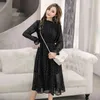 Vintage Koreaanse mode lange mouw zwarte kleding lente dame chiffon jurk vrouwen polka dot geplooid 3670 50 210510
