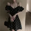 Polka Dot Kapalı Omuz Seksi Vestidos Ruffles Yüksek Bel Kadınlar Elbise Vintage Yaz Mini Elbiseler Chic 15875 210415