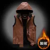 Idopy Winter Warm Mäns Biker Faux Läder Waistcoat Med Hood Fleece PU Ärmlös Jacka Hoodie Zippers Mäns päls