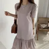 Korea Moda Kobiety Letni Elegancki Rękaw Puff Koronki Patchwork Ruffles Dress Casual Party Sukienki Vestidos Robe 210519