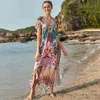 Bohème Femmes Summer Beach Robe Maillot De Bain Cover Up Polyester Tunique Sexy Col En V Robe Caftan Bikini Cover-ups Pareo Q1185 210420