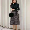 Autumn Korean Elegant Knitted Plaid Patchwork Women Dress Long Sleeve O-neck Lace-up Bow Pleated Midi Dresses Vestido 210603