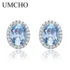 UMCHO Blue Topaz Stud For Women Solid 925 Sterling Silver Earrings Girl Fashion Gemstone Jewelry Wedding Party Gift