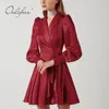 Primavera Outono Mulheres Cetim Mini Partido Manga Longa Borgonha De Seda Shink Belted Elegant Short Office Senhora Vestido 210415