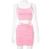 2 Piece Set Women Outfits Pink Sexy Spaghetti Strap Cut Out Crop Tops+Ruched Bodycon Mini Skirts Summer Kawaii Y2K Clothes 210517