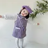 Lente baby meisje 2-pcs sets lange mouwen shirts + paars geruite vest rok met tas dame stijl kinderkleding E9042 210610