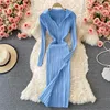 Casual Dresses Orange Long Sleeve Elasticity Bodycon Knitted Dress Women Autumn Winter V Neck Slim Sexy Split Midi Sweater Vestidos