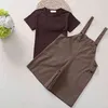 Summer Short-sleeve Solid Color T-shirt + Overalls Girl Clothes Set 2-Piece Cute Casual Children Suit 210515