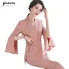 ピンクのズボンスーツの女性のファッション気質プロの正式なブレザーとズボンのオフィスレディースインタビューワークウェア210930