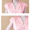 Lato jedwabna koszula kobiety z krótkim rękawem Szyfonowa bluzka koreańska solidna kolory satynowe luźne v-neck bez rękawów szczyty kobiet 9790 210527