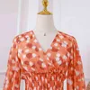 Kvinnans klänning V-hals tryckta polka dot orange dam vestidos hög midja bana design Ruffles kvinnlig vår höst 210603