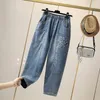 Frühling Sommer Korea Mode Frauen Elastische Taille Lose Beiläufige Baumwolle Denim Harem Hosen Vintage Stickerei Jeans S920 210512
