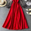 İlkbahar Sonbahar Siyah / Kırmızı Patchwork Parti Spagetti Kayışı Uzun Elbise Kadınlar Zarif Kapalı Omuz Fener Kol Vestidos Kadın Yeni Y0603