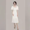 Kvinnor Mesh Puff Sleeve Sexig Bodycon Dress Fashion Square Neck Ruffles Ruched Dresses Club Party White 210603