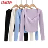 Tangada outono mulheres sólidas suéter fino manga longa elegante escritório senhora de malha jumper tops 4p2 211011