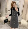 HMA Ankomst Vår Woolen Plaid Sexig Spaghetti Strap Dress Suit Luxury Ladies Temperament 2 Piece Set 211106