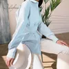 Azul vertical listrado blusa mulheres primavera outono moda lapela manga longa túnica camisa solta casual top 210415