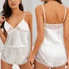 Spaghetti riem kant pyjama set mouwloze trim pyjama slaap shorts set kant pijama pak nachtkleding vrouwen sexy witte nachtjes Q0706