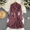 Outono novo temperamento retrô terno vestido de colarinho mulheres inverno design cintura plissado midi vestido preto elegante vestidos escritório senhora y1204