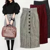 Women Slim Vintage High Waist Pencil Woolen Fall Fashion Winter Ladies Jupe Button Midi Faldas Saias Gray All-Match Skirt 210416