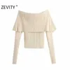 Zevity女性のセクシーなスラッシュネックソリッドカラースリムな編み物セーターフェムメシックなベーシックロングスリーブカジュアルプルオーバーブランドTOPS S477 210806