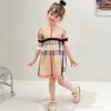 cute designer kids princess dress INS children plaid short sleeve dresses summer baby girls Lace bowknot pleated party clothes S1837
