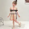 schattige ontwerper kinderen prinses jurk ins kinderen plaid korte mouw jurken zomer baby meisjes kant strik plooiende feestkleding s1837