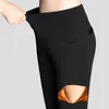 Hosen Warme Frauen Elegante Hosen Elastische Taille Feminino Winter Verdicken Fleece Bleistift Hosen Hohe Taille Büro Hosen Frauen 210412