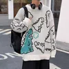 Wiosna i jesień dinozaur kreskówka wzór dzianiny sweter japoński kolor para luźny okrągły szyja sweter mężczyźni ubrania 211006